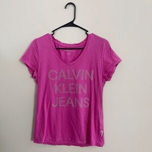 Calvin Klein Jeweled Pink Women's T-shirt Y2K Style Casual Spring Girly